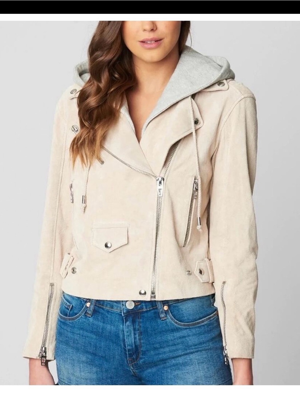 Blank NYC Light Beige Suede Hooded Moto Jacket